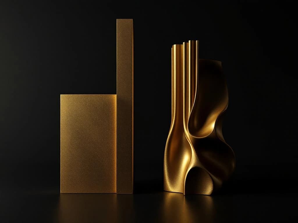 Two golden architectural forms illustrating the contrast between standardized off-the-shelf tools and bespoke custom solutions